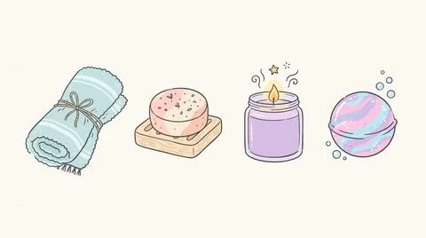 Spa relaxation collection with soft towel soap candle and bath bomb accesso.. Stock Illustration