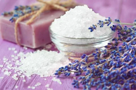Spa resort and wellness composition - lavender flowers, coloured bathing soap Stock Photos