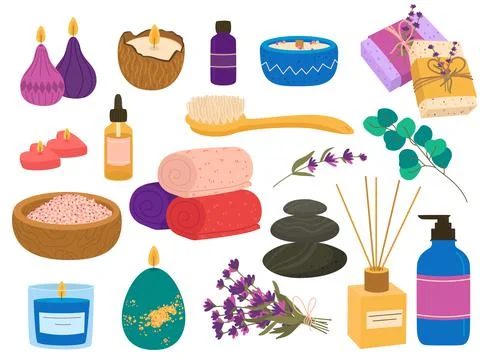 Spa salon aromatherapy elements. Burning candles, relax and wellness zone Stock Illustration