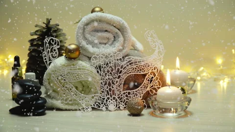 Spa salon items and attributes with christmas decorations in mild snowfall Stock-Footage 143669418