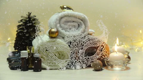 Spa salon items and attributes with christmas decorations in mild snowfall Stock-Footage 144508599
