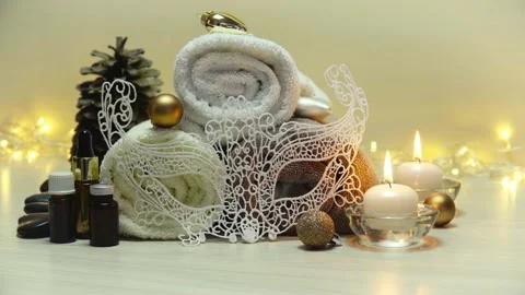 Spa salon items and attributes with christmas decorations in mild snowfall Stock-Footage 145375661