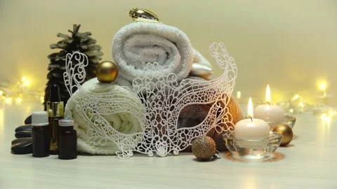 Spa salon items and attributes with christmas decorations in mild snowfall Stock-Footage 145912019