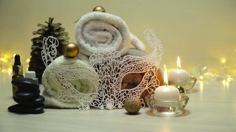 Spa salon items and attributes with christmas decorations in mild snowfall Stock-Footage 146295344