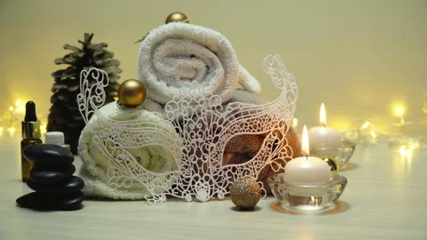 Spa salon items and attributes with christmas decorations in mild snowfall Stock-Footage 146345037