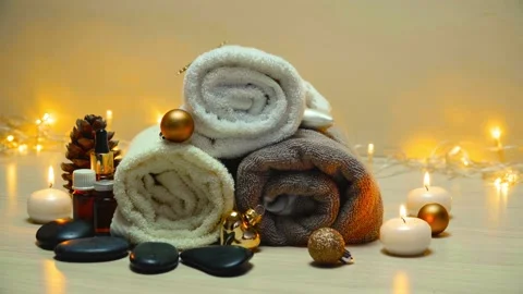 Spa salon items and attributes with christmas decorations in mild snowfall Stock-Footage 146711822