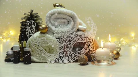 Spa salon items and attributes with christmas decorations in mild snowfall Stock-Footage 147211034