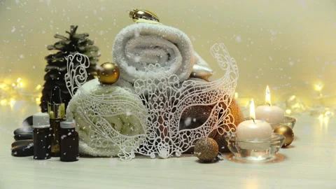 Spa salon items and attributes with christmas decorations in mild snowfall Stock-Footage 149010900