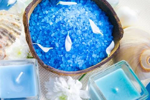 Spa salt aromatic candles table Stock Photos