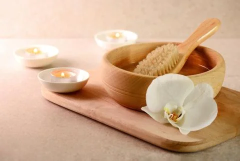 Spa setting with burning candles Stock Photos