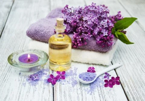 Spa setting with lilac flowers Stock Photos