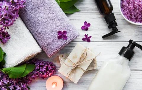 Spa setting with lilac flowers Stock Photos
