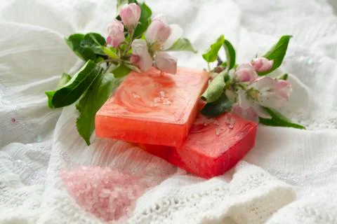 Spa setting with natural soaps and flower. aromatherapy. Stock Photos