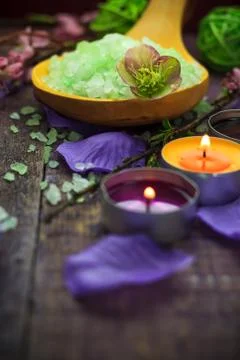 Spa setting salt bath aromatic candles Stock Photos