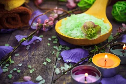 Spa setting salt bath aromatic candles Stock Photos