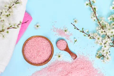 Spa setting spring flowers with towel ,salt in bowl, Spring Time 스톡 사진