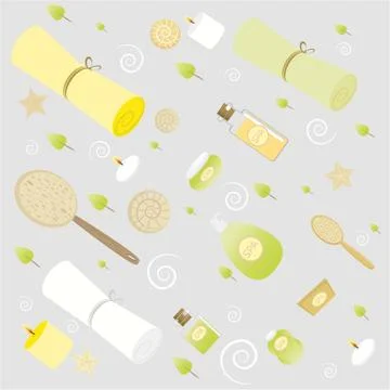 Spa, shower supplies texture, pattern, seamless, green, grey, yellow. Illustrazione stock