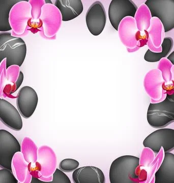 Spa stones with orchids flowers like frame on pink background Illustrazione stock
