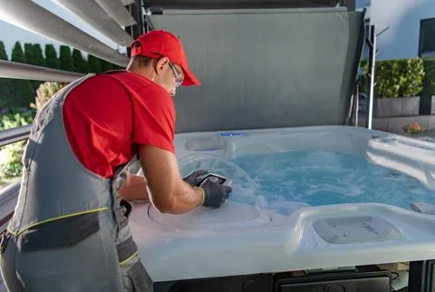 SPA Technician Performing Maintenance on a Hot Tub in a Modern Backyard Setti Fotos Stock