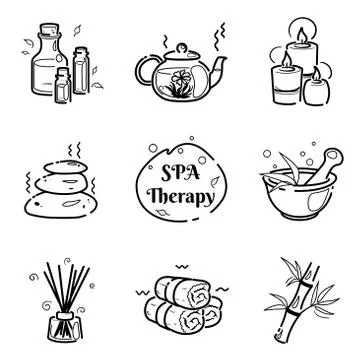 Spa therapy line icons set on white background for wellness salon. Relax massage Stock Illustration