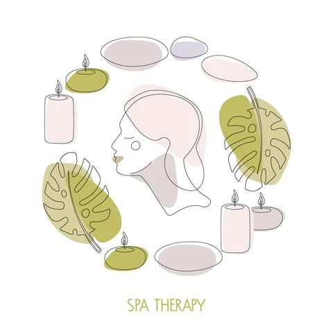 Spa therapy. Round frame with hot stones, candles, tropical leaves and woman's Stock Illustration