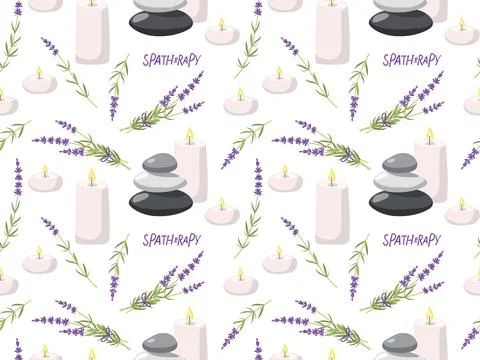 Spa theraty Seamless pattern with massage stones, candle, lavender plant in Illustrazione stock