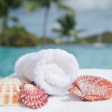 Spa towel and seashells Stock Photos