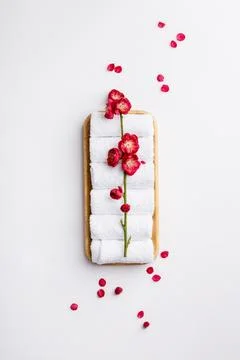 Spa treatment concept, flat lay composition with towels and flowers Stock Photos