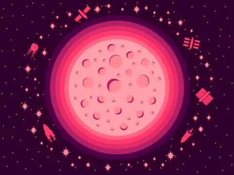 Space in 80's retro style. Space travel, asteroids and space ships Illustrazione stock