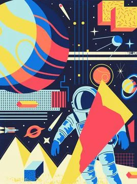 Space abstract background. Futuristic psychedelic poster with cartoon cosmonaut Stock Illustration