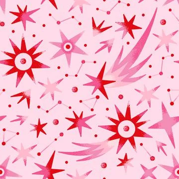 Space abstract seamless pattern with red constellations, stars, comets. Vecto Stock Illustration