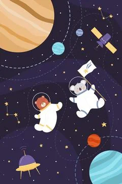 Space adventure of astronaut animals set, cute explorers in helmet and spacesuit Stock Illustration
