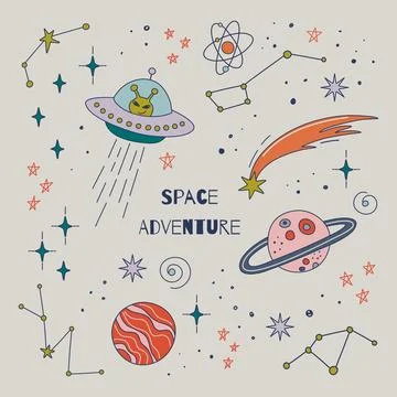 Space adventure background. Hand drawn planets, stars, UFO. Stock Illustration