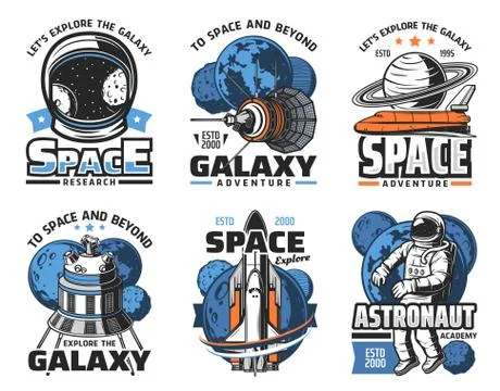 Space adventure, galaxy exploration vector icons Stock Illustration