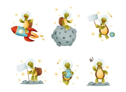 Space adventures of turtle set. Funny tortoise traveling in outer space cartoon Illustrazione stock