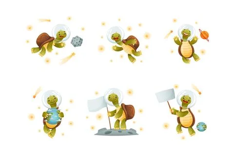 Space adventures of turtle set. Funny tortoise floating in outer space, standing Illustrazione stock