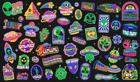 Space alien and UFO y2k groovy stickers and labels Illustrazione stock