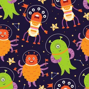 Space alien astronaut seamless pattern in cartoon style. Vector design. Stock Illustration