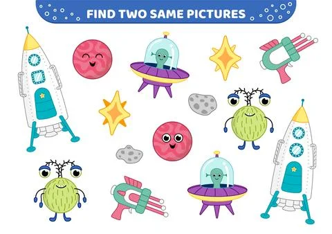 Space alien game. Find two same pictures. Game for children. Cartoon, vector Stock Illustration