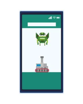 Space alien with war tank in smartphone 8 bits pixelated icon Stock Illustration