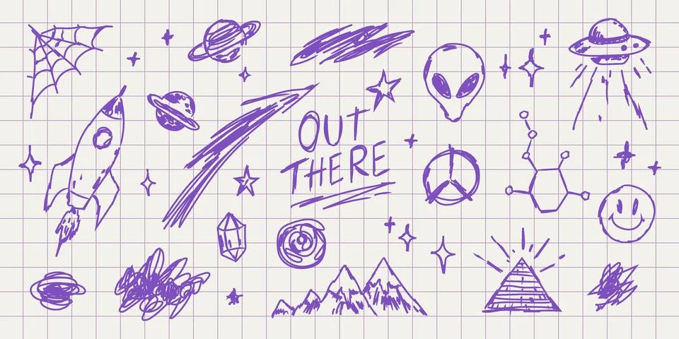 Space and alien theme ballpoint pen doodle set on grid paper. Hand drawn pu.. 스톡 일러스트