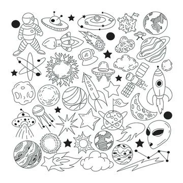 Space and astronaut doodles with planets rockets and stars Иллюстрация