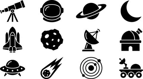 Space and Astronomy Icons Set Black and White Silhouette. Stock Illustration