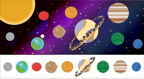 Space and planet background. Planets surface with craters, stars and comets in Stock Illustration