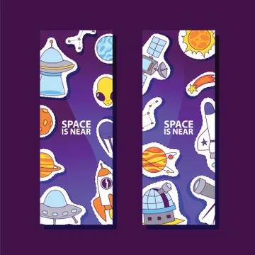 Space and planets stickers. Space is near poster, banner. Cartoon patches Illustrazione stock