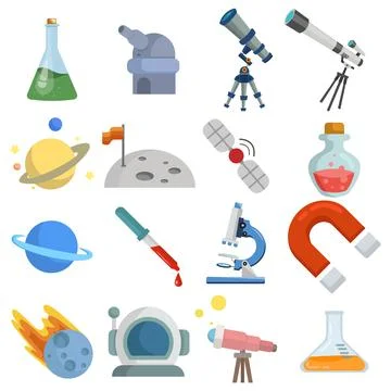 Space and scienede vector clip art set with telescope, satellite, planet, met Stock Illustration