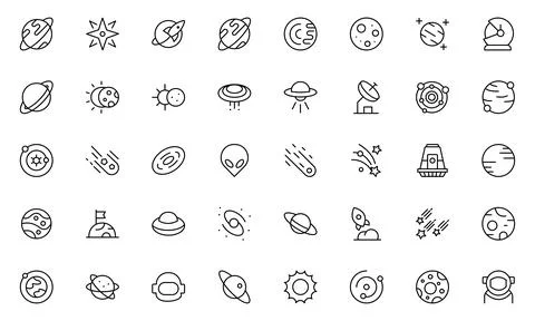Space and Technology line icon set. Containing satellites, the universe, as.. Stock Illustration