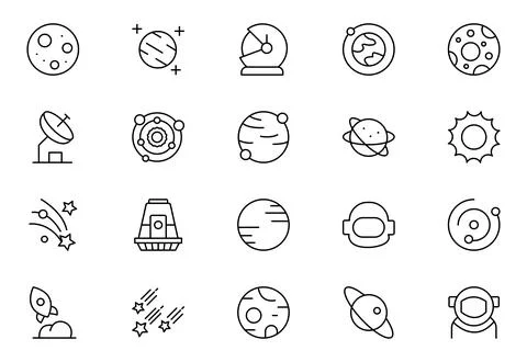 Space and Technology line icon set. Containing satellites, the universe, as.. Stock Illustration