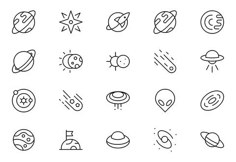Space and Technology line icon set. Containing satellites, the universe, as.. Stock Illustration