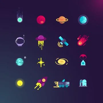 Space and vector flat icons set Stockillustratie